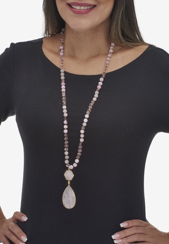 130.05 Tcw Genuine Rose Quartz Beaded Goldtone Drop Necklace 34-Inch, , alternate image number null