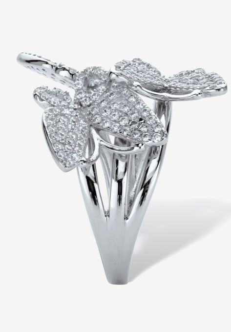 Silvertone Round Pave' Cubic Zirconia Butterfly Ring, , on-hover image number null