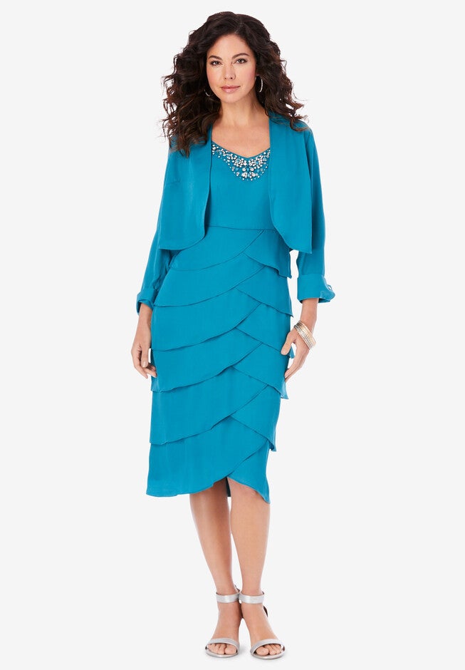 Beaded Tier Jacket Dress, DEEP TEAL, hi-res image number null