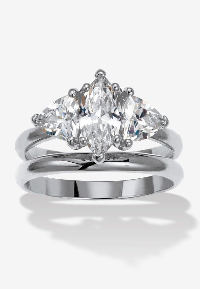 2 Tcw Marquise Cubic Zirconia Platinum-Plated Bridal Ring Set, PLATINUM, hi-res image number null