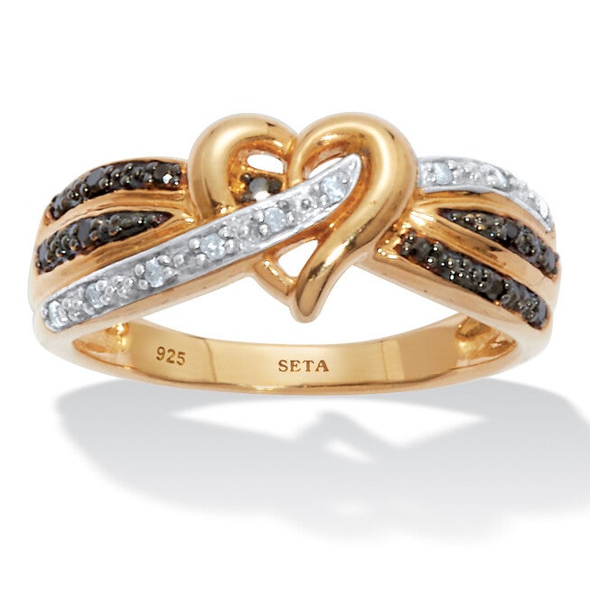 Round Diamond Crossover Heart Promise Gold-Plated Sterling Silver Ring, WHITE, hi-res image number null