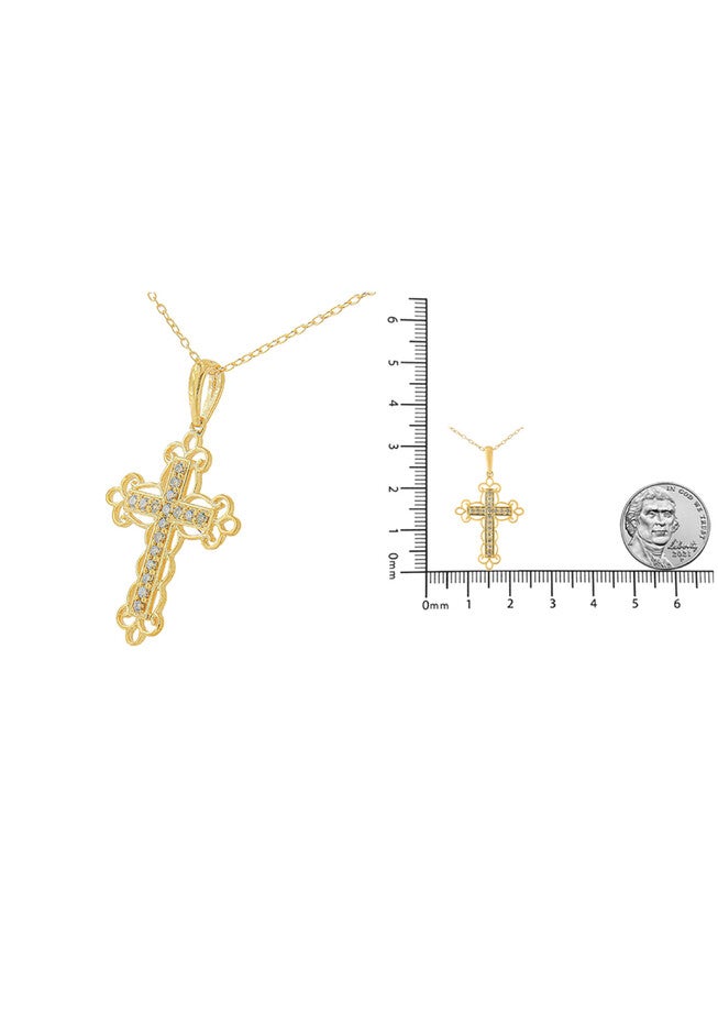 Yellow Flashed Sterling Silver Champagne Diamond Filigree Cross Pendant Necklace, , alternate image number 4