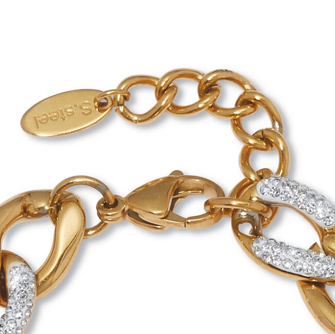 Round Crystal Gold Ion-Plated Stainless Steel Link Necklace Set 18 to 20-inch, WHITE, on-hover image number null