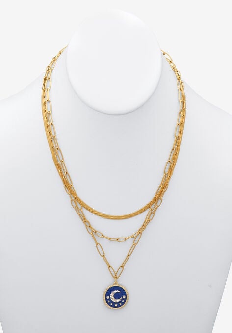 Yellow Gold Ion-Plated Stainless Steel 3-Strand Layered Necklace Set With Celestial Pendant, , alternate image number null