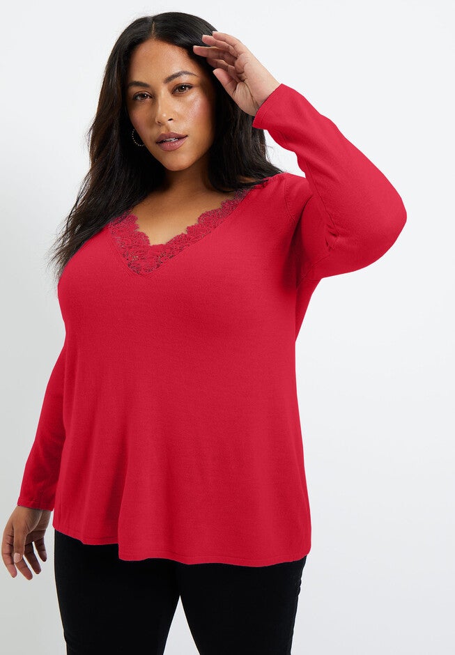 Scallop Lace Sweater, CLASSIC RED, hi-res image number null