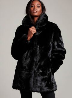 Plus Size Mid-Length Hooded Faux Fur Coat
