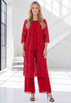 Plus Size 3-Piece Allover Lace Duster Pant Set – Formal Wear
