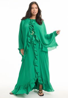 Ruffled Chiffon Cape Maxi Dress