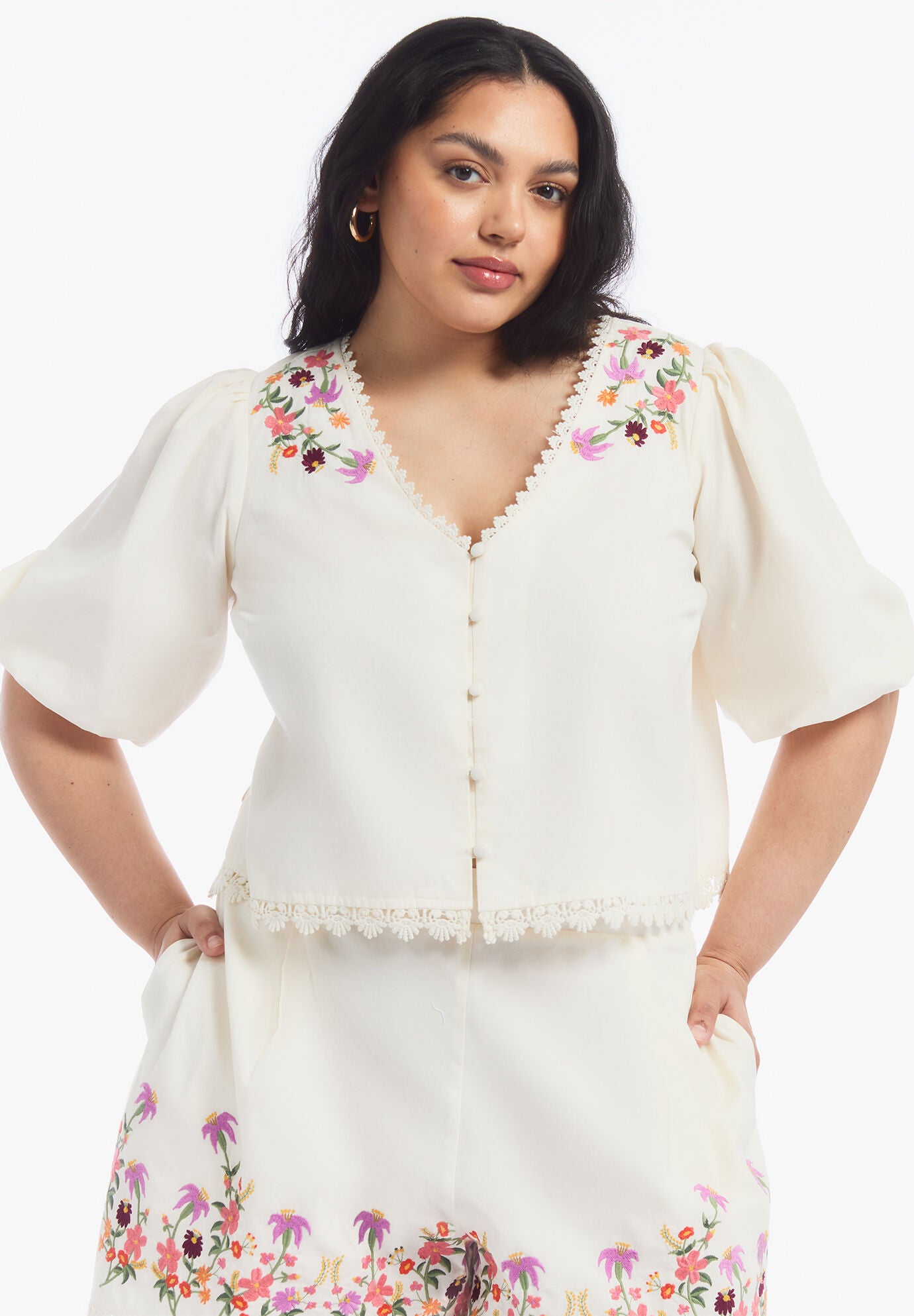 Lace-Trim Embroidered Poplin Top, OAT MILK, on-hover image number 1