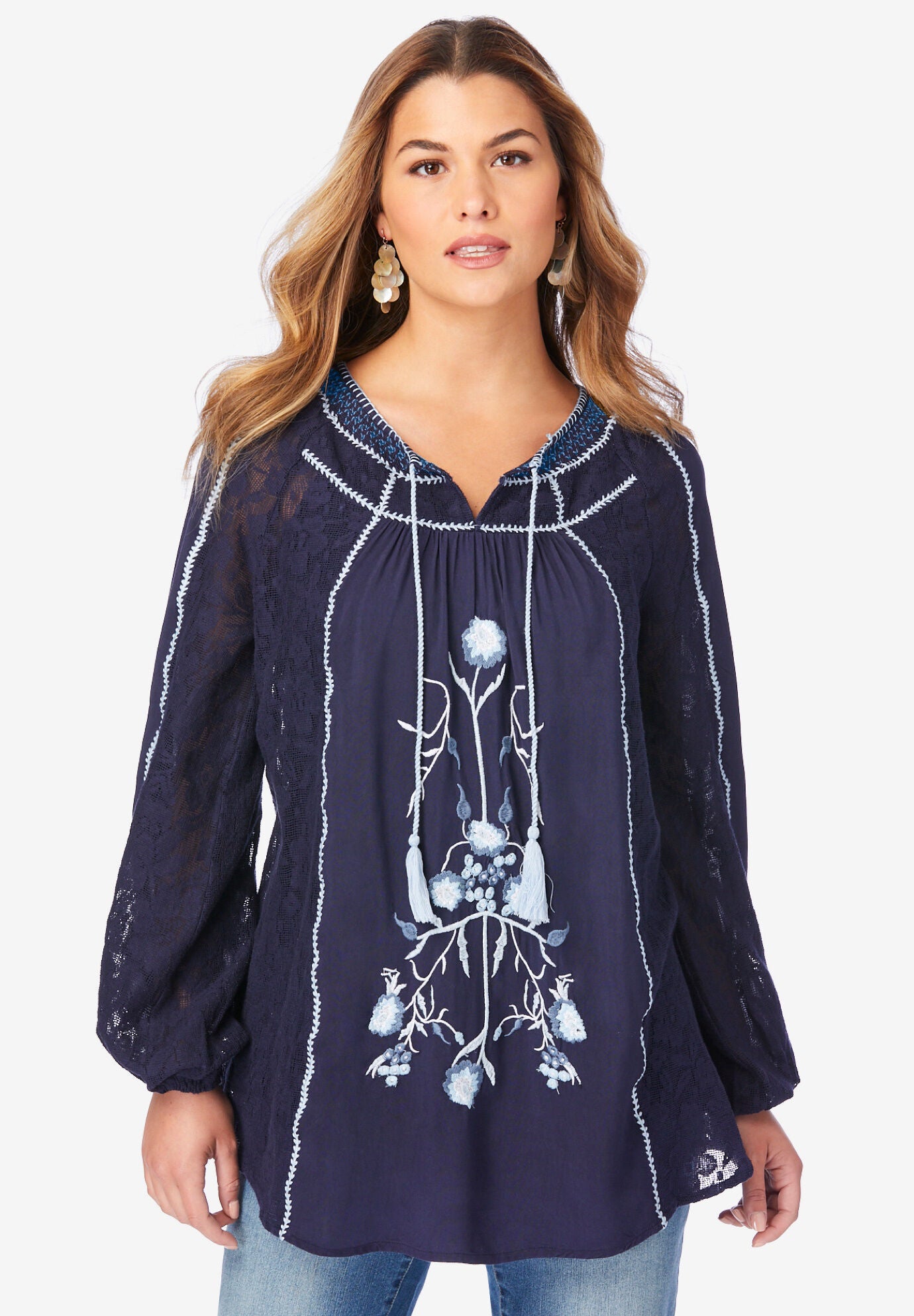 Embroidered Boho Tunic, NAVY BOHO FLORAL EMBROIDERY, hi-res image number 0