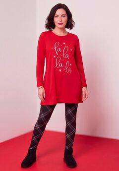 Plus Size Cotton Graphic Print Long Sleeve Swing Tunic