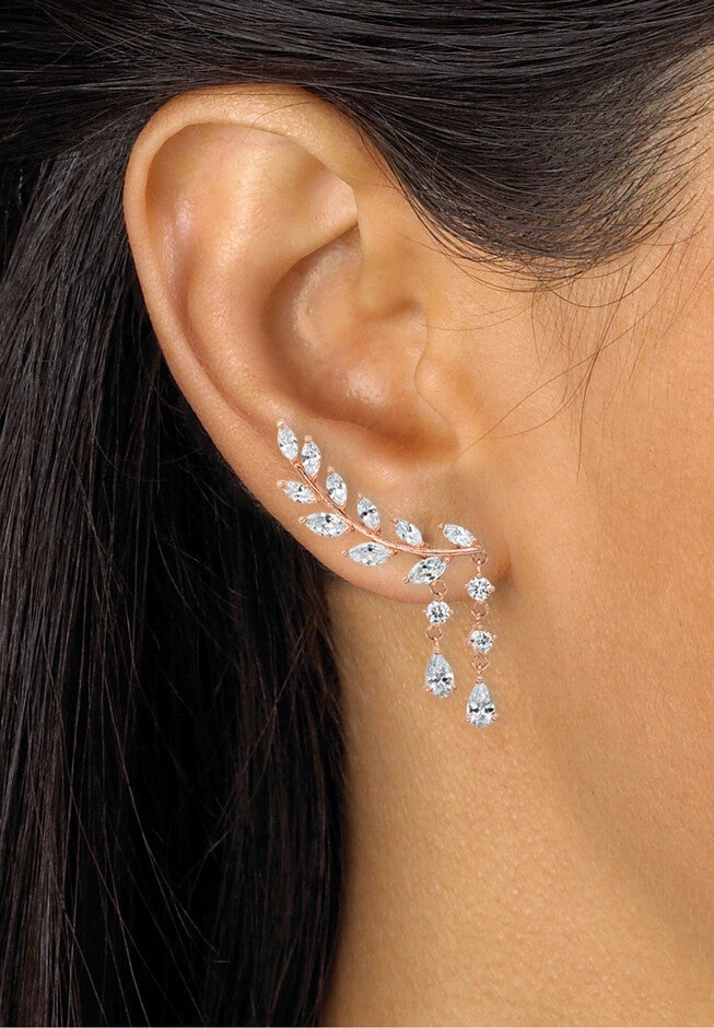Rose Gold Plated Laurel Leaf Climber Drop Earrings (43x8mm) Marquise Cut Crystal, , alternate image number null