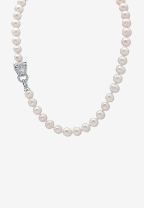 Silvertone Round Pearl And Round Cz Panther Strand Necklace (1/2 Cttw), PEARL, hi-res image number null
