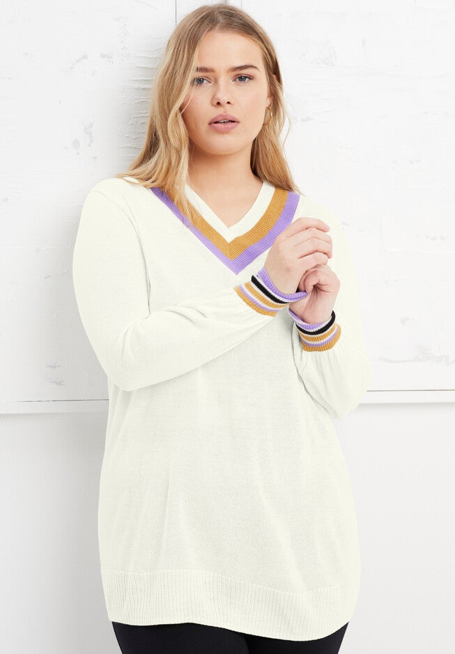 Metallic-Trim V-Neck Sweater, IVORY, hi-res image number null