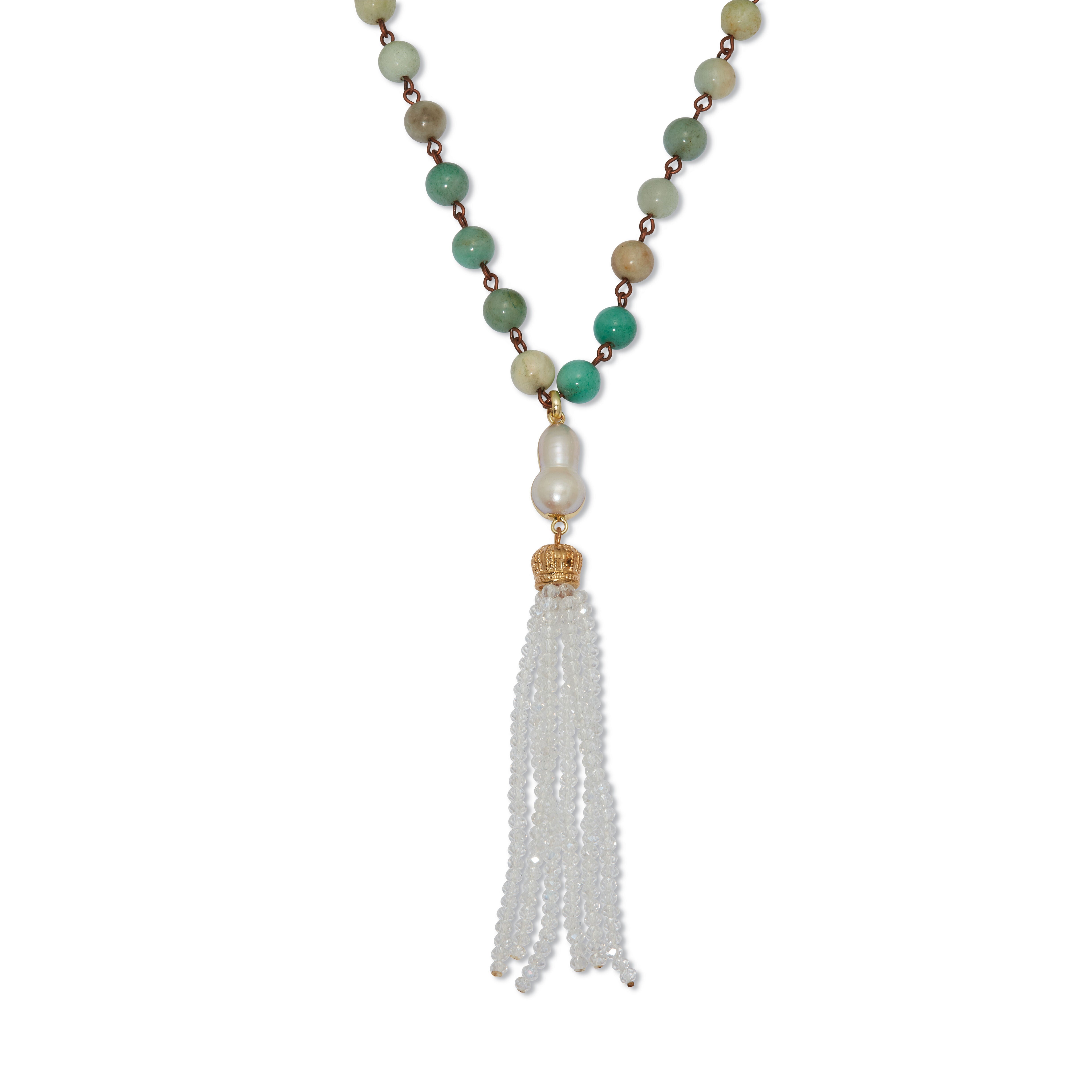 Genuine Green Amazonite Goldtone Beaded Tassel Necklace 34-inch, WHITE, hi-res image number 0