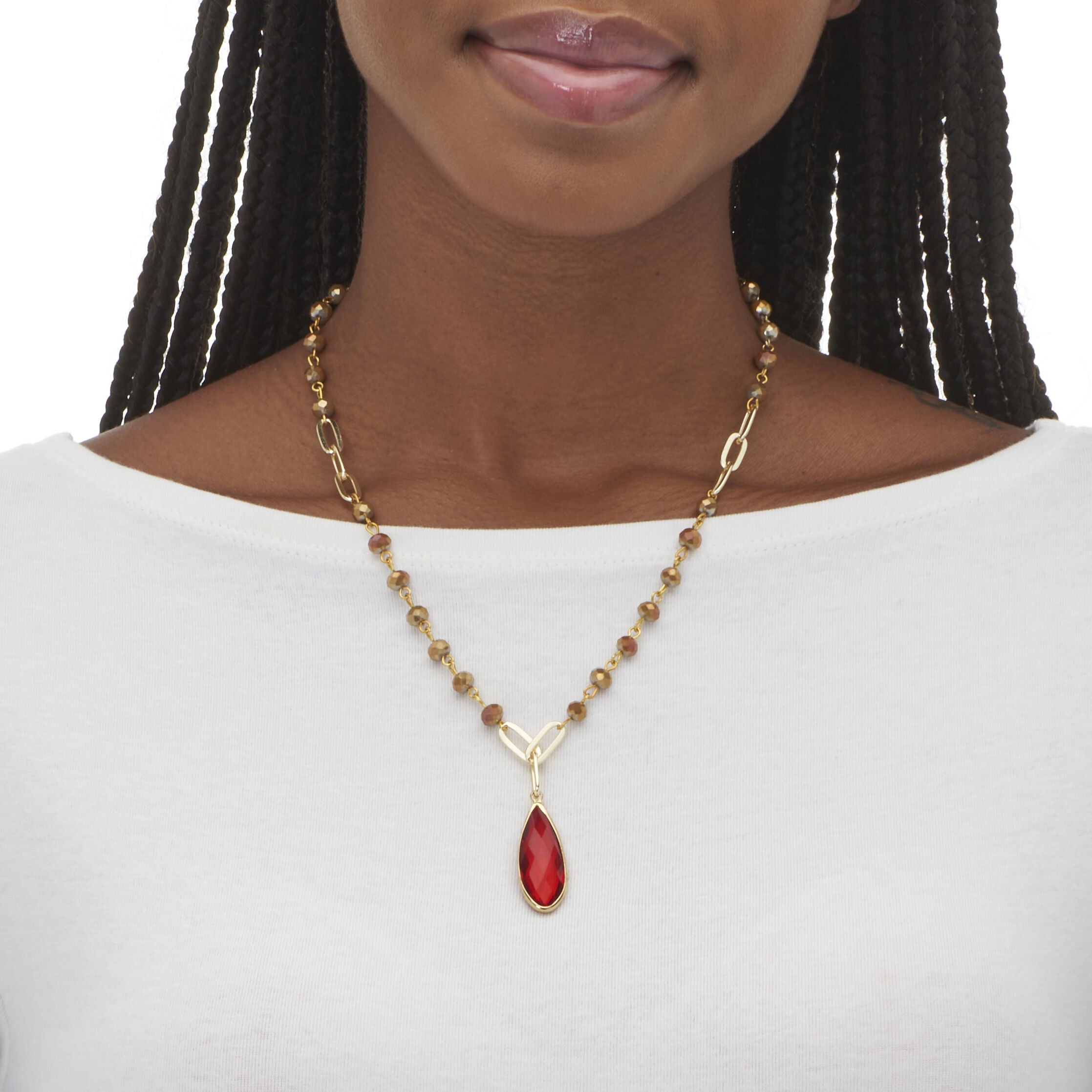 Red Crystal Goldtone Vintage-Inspired Necklace and Earring Set, RED, alternate image number 2