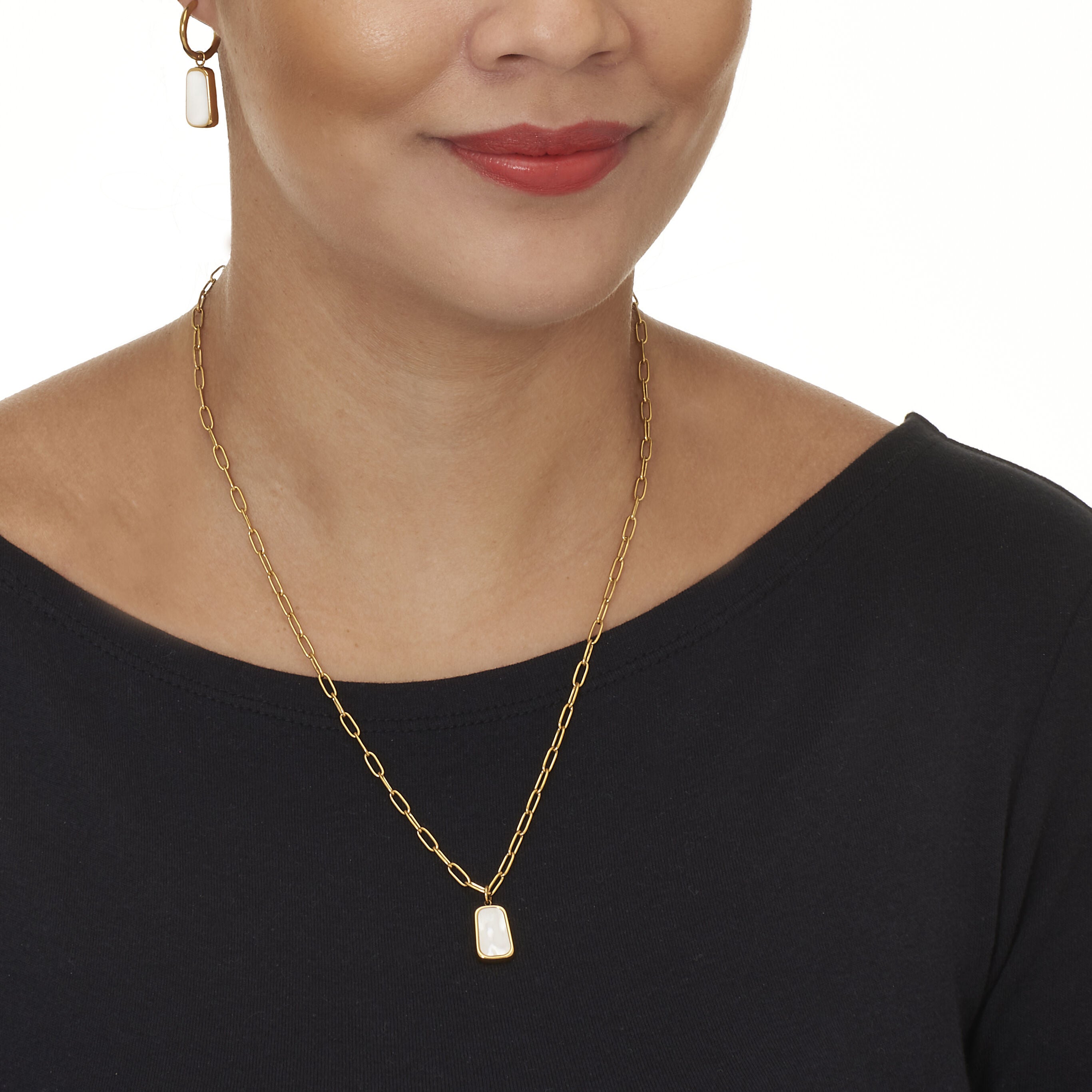 Genuine Mother of Pearl Yellow Gold Ion-Plated Stainless Steel Drop Jewelry Set, WHITE, alternate image number 2