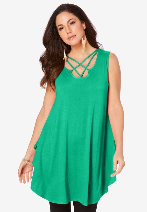 Sleeveless Crisscross Ultra Femme Tunic, TROPICAL EMERALD, hi-res image number null