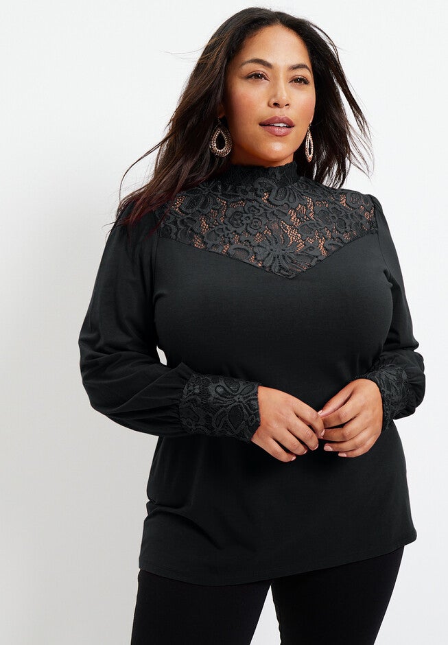 Lace Yoke Mockneck Top, , alternate image number null