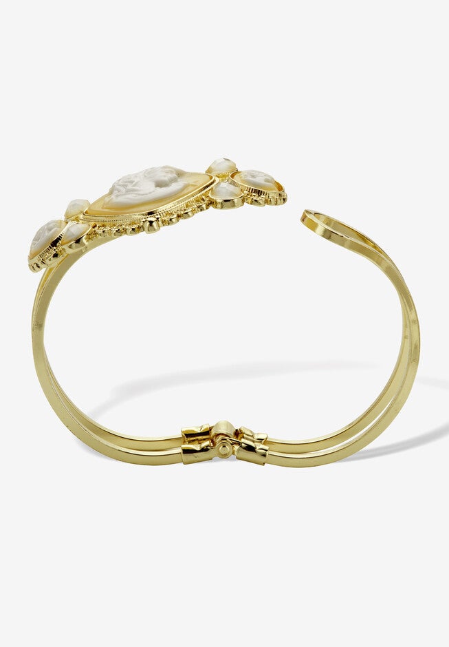 Vintage-Style Cameo Hinged Bangle Bracelet In Yellow Goldtone 7.5 inches, , on-hover image number null