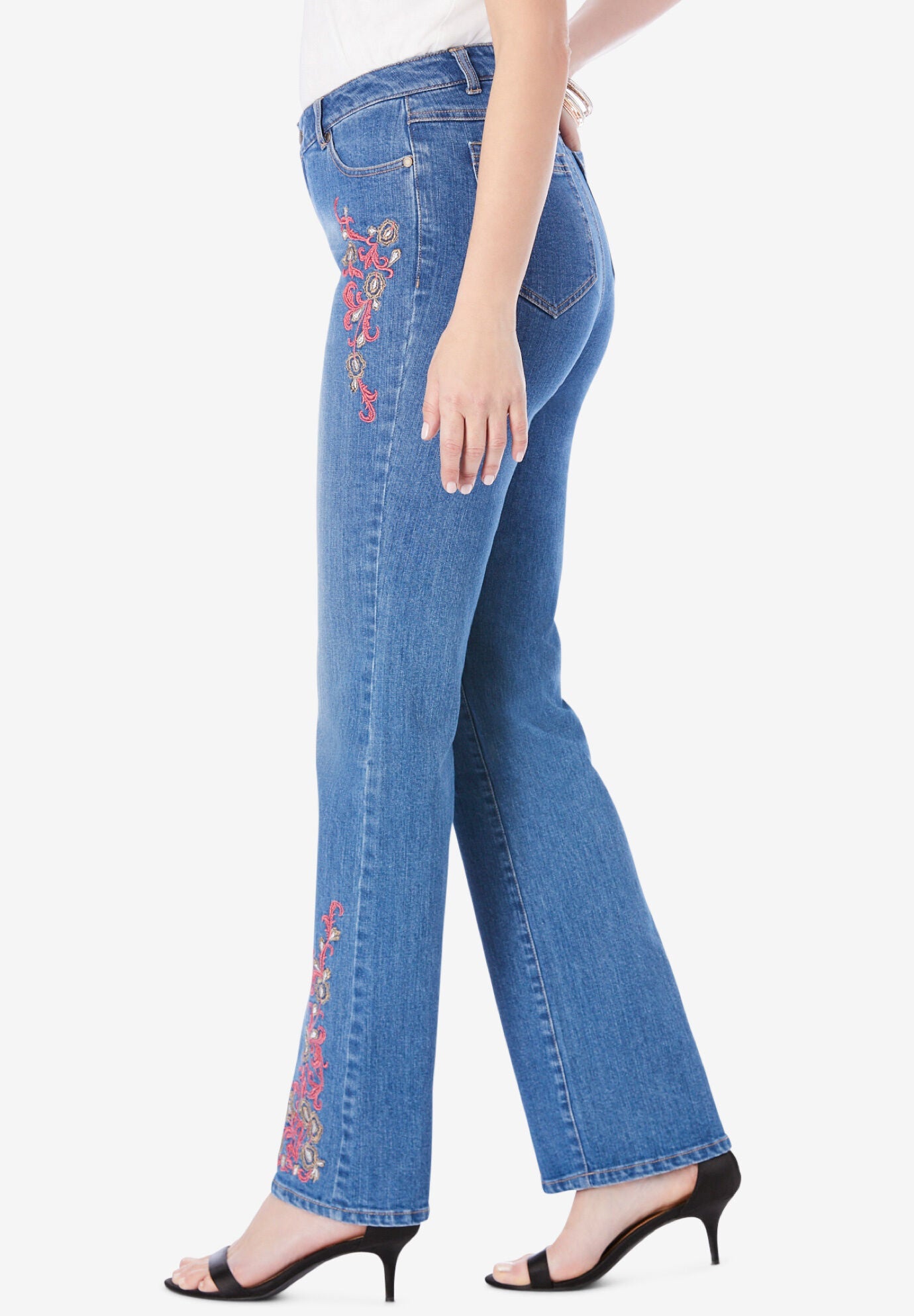 Plus Size Invisible Stretch® Two-Tone Embroidered Bootcut Jeans, , alternate image number 2