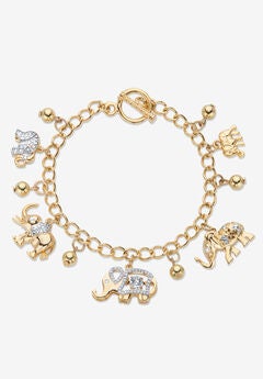 Gold Tone Round Crystal Elephant Charm Bracelet