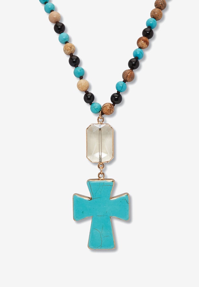 Genuine Turquoise Jasper And Multicolor Agate Beaded Cross Necklace 40 Inch, TURQUOISE BROWN BLUE, hi-res image number null