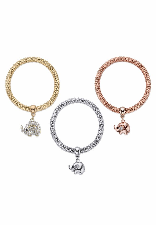 Gold Tone Crystal Elephant 8.5 inches Charm Stretch Bracelet Set, , on-hover image number null