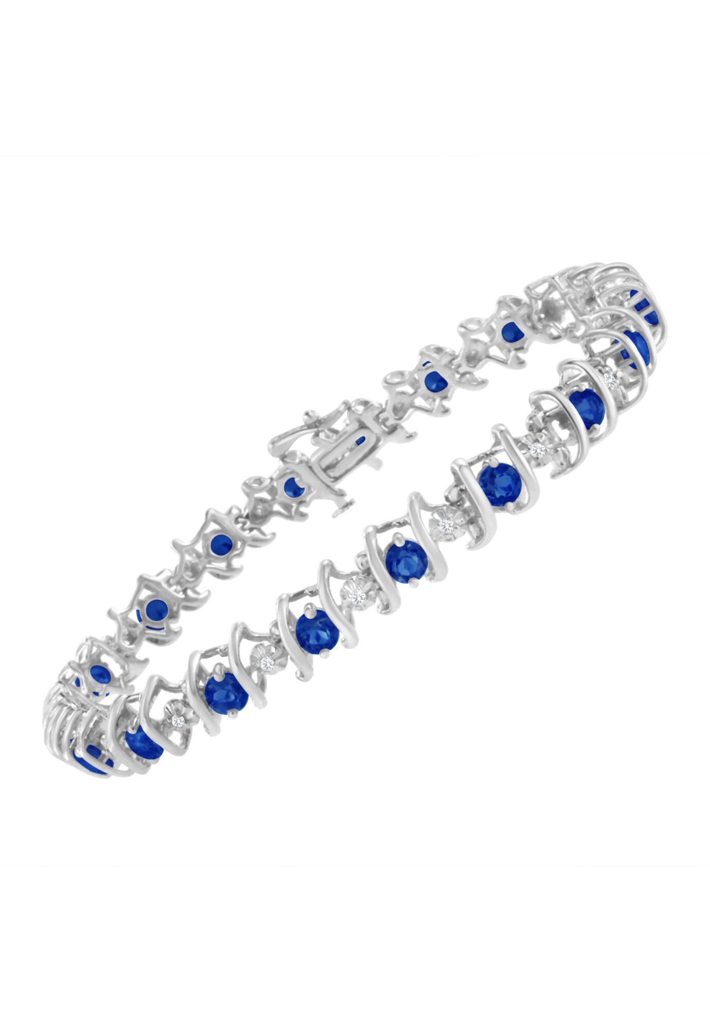 Sterling Silver Gemstone & Round Diamond Tennis Bracelet Blue Sapphire September Birthstone, , alternate image number 2