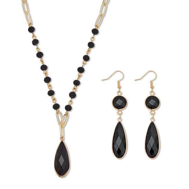 Black Crystal Goldtone Vintage-Inspired Necklace and Earring Set, BLACK, hi-res image number null