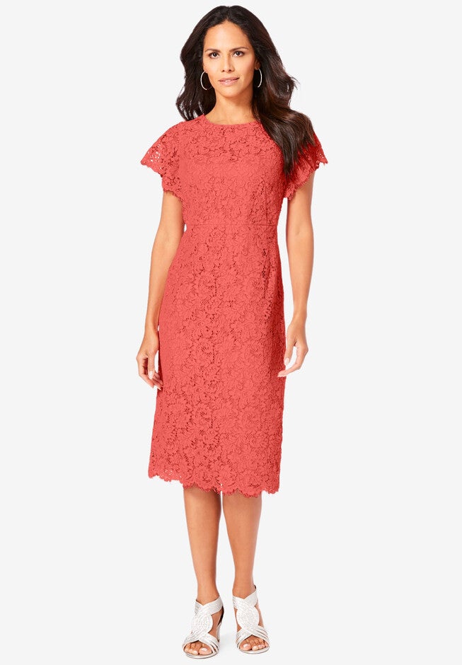 Lace Sheath Dress with Flutter Sleeves, SUNSET CORAL, hi-res image number 0