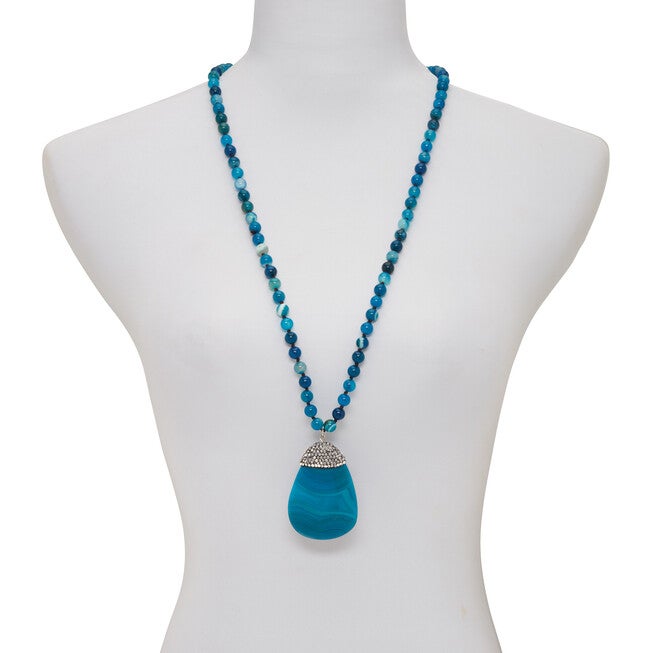 Round Genuine Blue Agate Crystal Accented Silvertone Drop Necklace 34 Inch, BLUE, alternate image number null