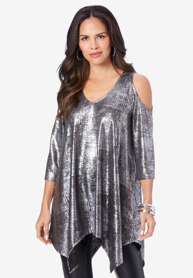 Metallic Cold-Shoulder Tunic, GUNMETAL, hi-res image number 0