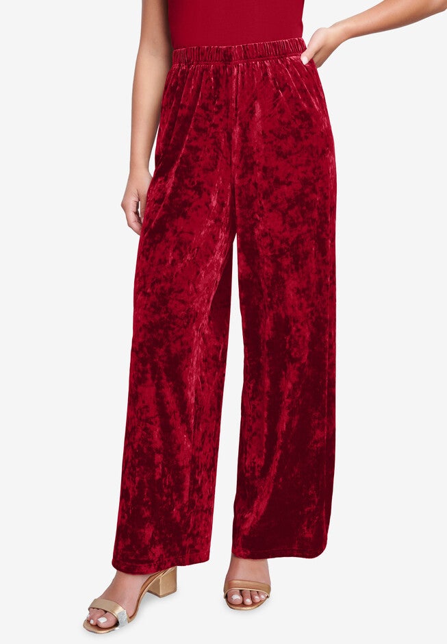 Wide-Leg Crushed Velour Pant, RICH BURGUNDY, hi-res image number null
