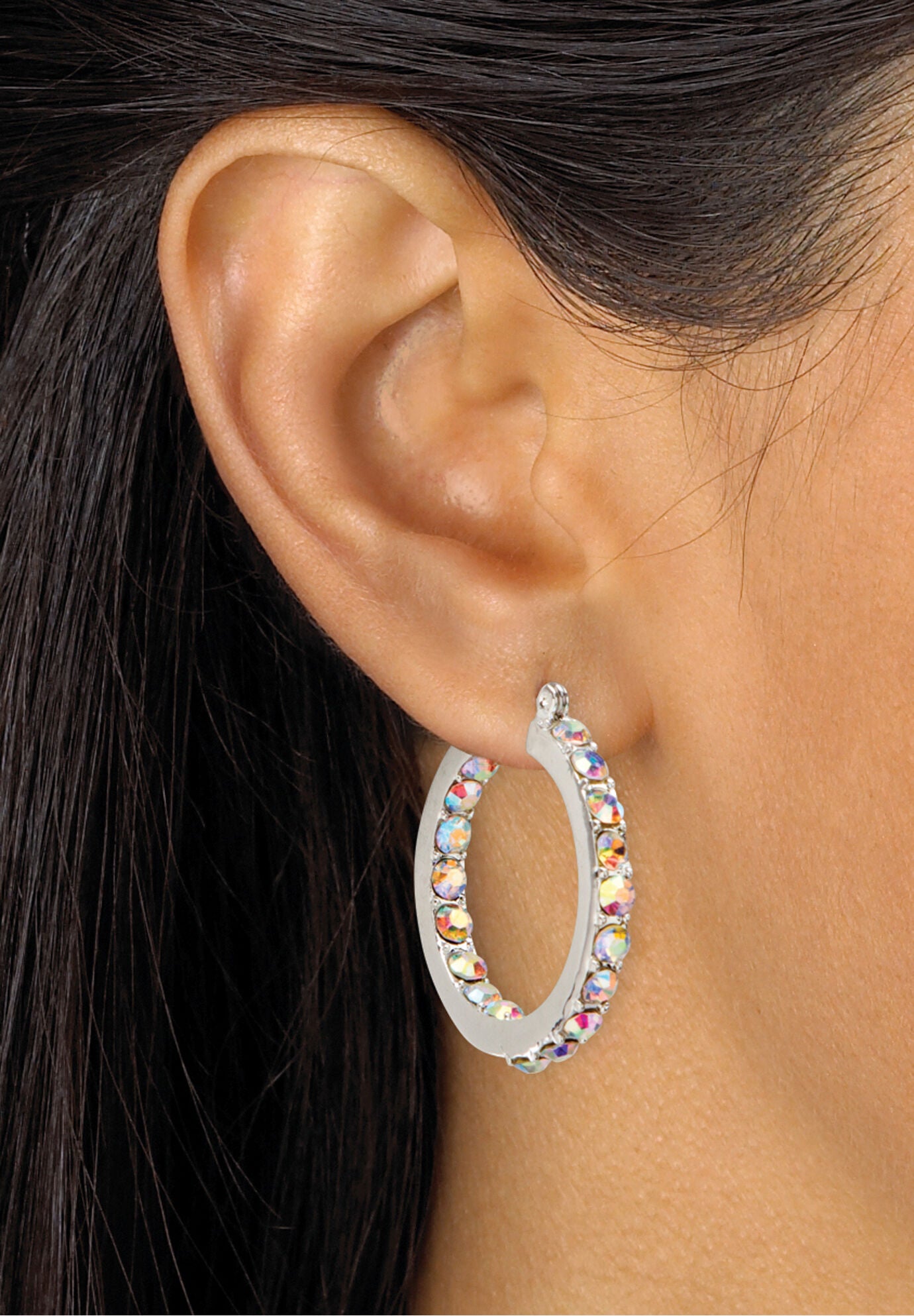 Silver Tone Inside Out Hoop Earrings (30Mm) Aurora Borealis Crystal Jewelry, , alternate image number 2