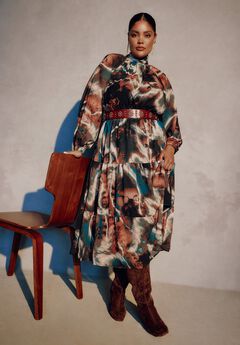 Mock-Neck Chiffon Midi Dress