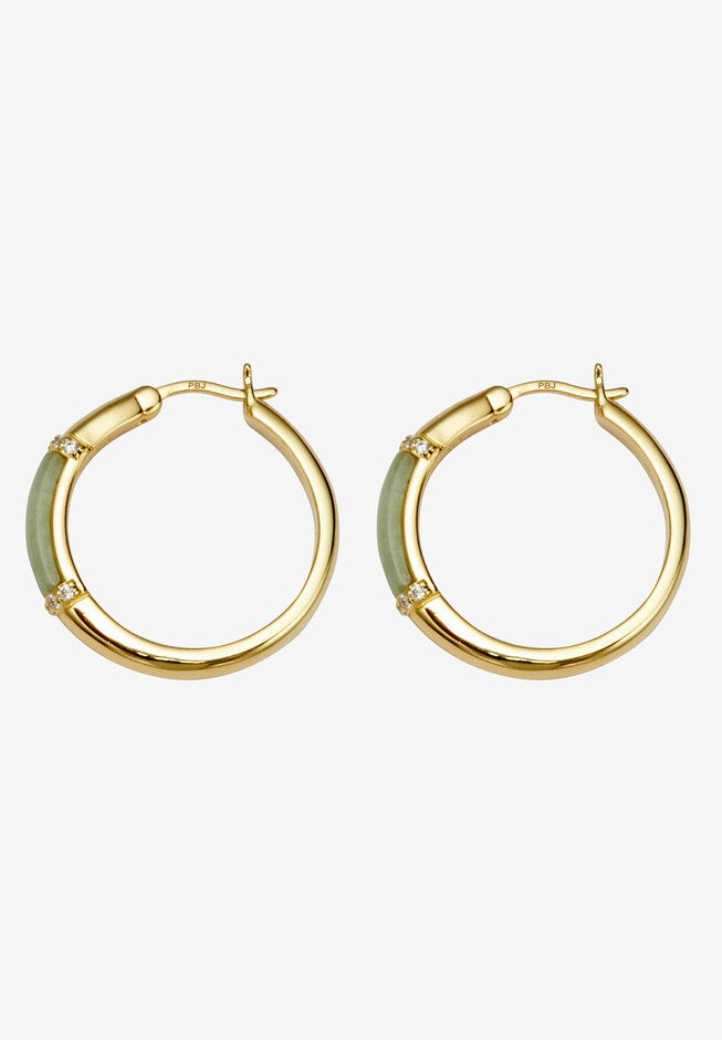 .18 Tcw Cz Cabochon Cut Genuine Green Jade 18K Yellow Gold-Plated Hoop Earrings, , on-hover image number null