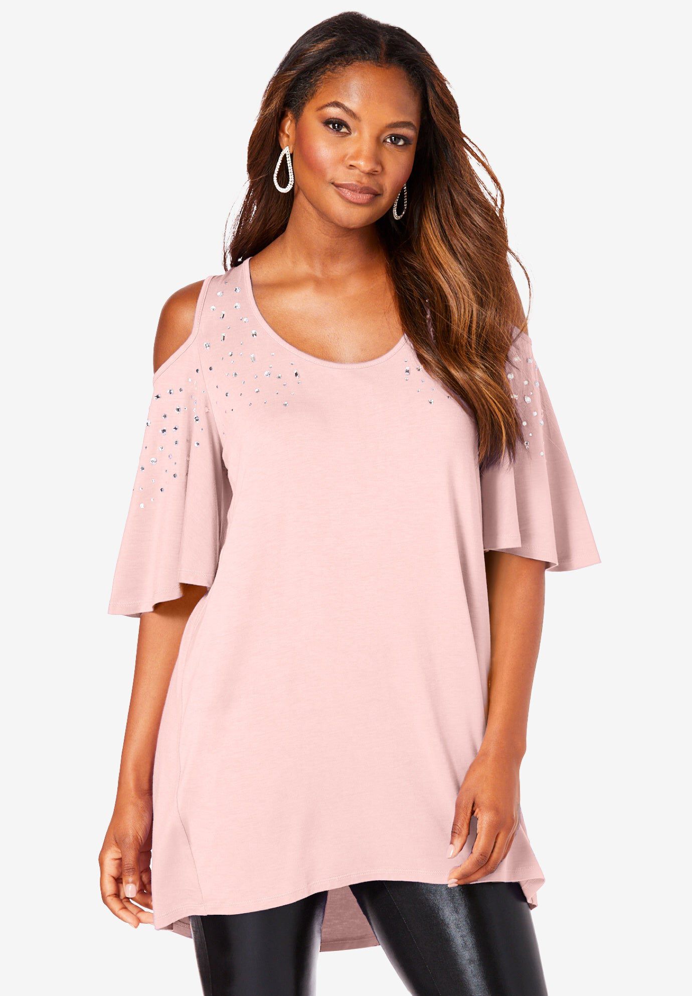 Cold Shoulder Ultra Drape Tunic, SOFT BLUSH RHINESTONE, hi-res image number 0