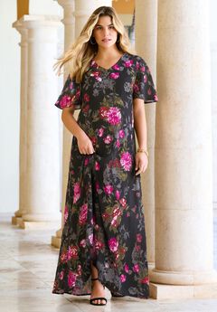 Plus Size Hand Crinkled Flutter-Sleeve Maxi Dress