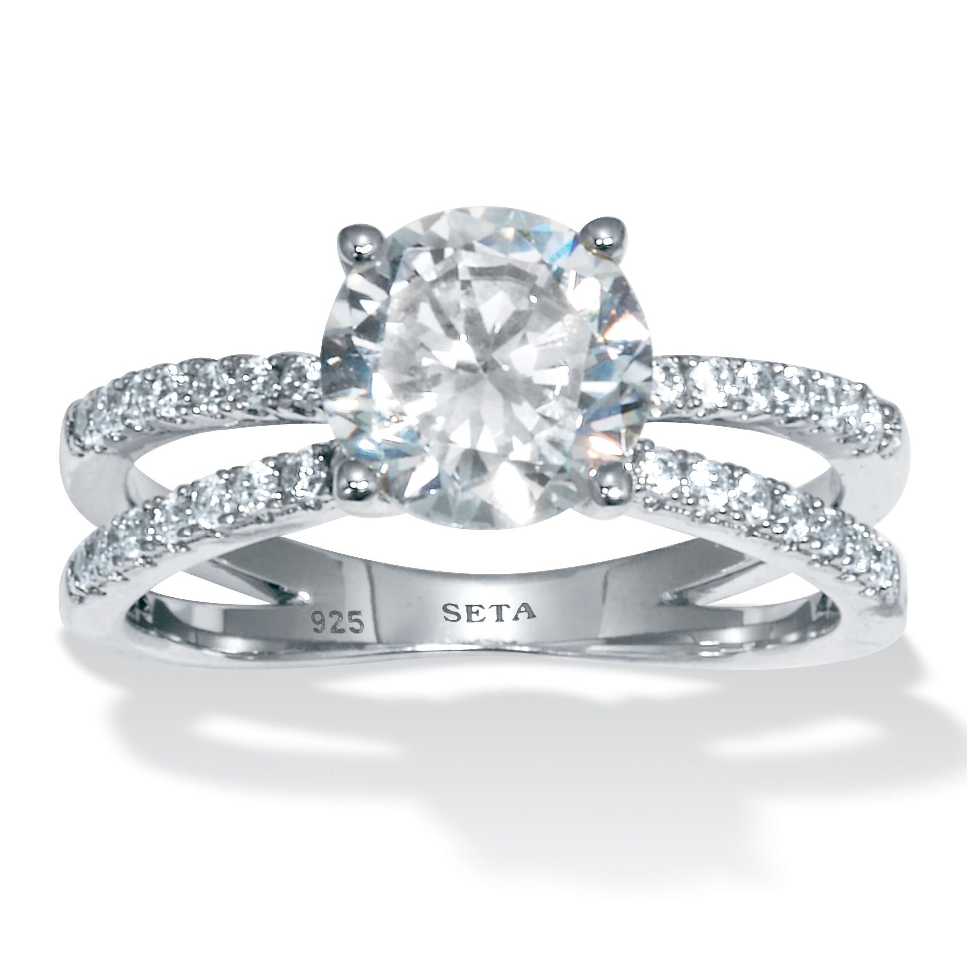 2.26 TCW Round Cubic Zirconia Sterling Silver Crossover Engagement Ring, WHITE, hi-res image number 0