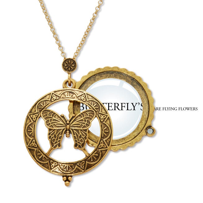 Butterfly Magnifying Glass Goldtone Pendant Necklace 24 inches, YELLOW, hi-res image number 0