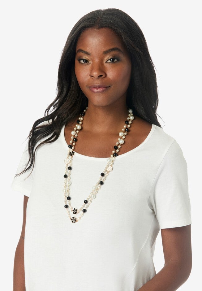 Faux Pearl and Gold Necklace, BLACK WHITE, hi-res image number null