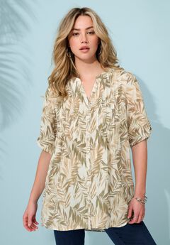 Plus Size Pintuck Tunic Blouse – Y-Neck & Roll-Tab Sleeves