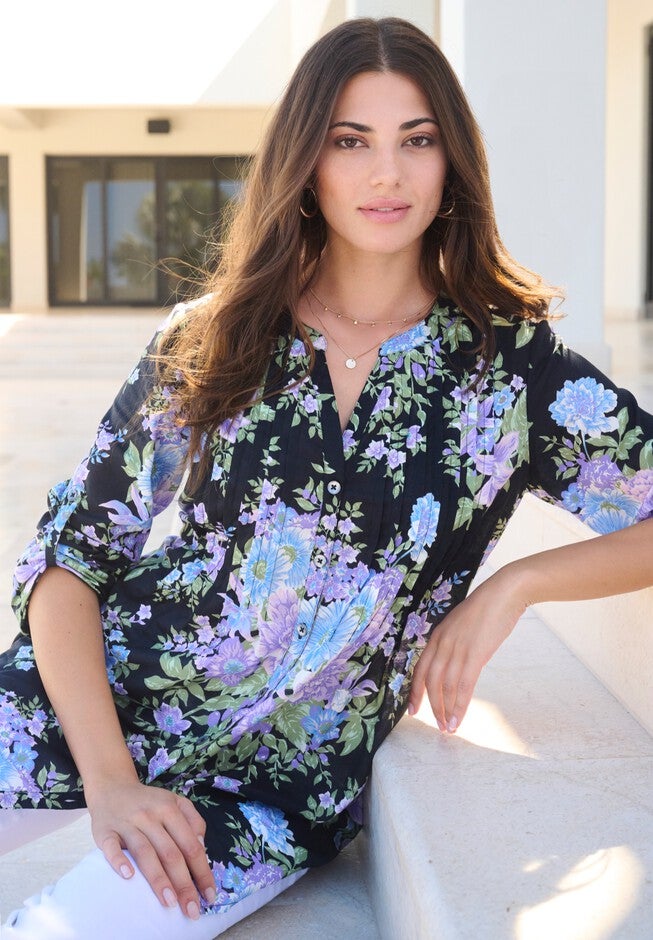 Plus Size Floral Y-Neck Pintuck Tunic – Adjustable Long Sleeve Button-Front, Relaxed Shirt Style, , alternate image number 4