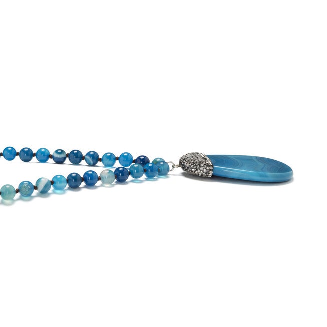Round Genuine Blue Agate Crystal Accented Silvertone Drop Necklace 34 Inch, BLUE, on-hover image number null