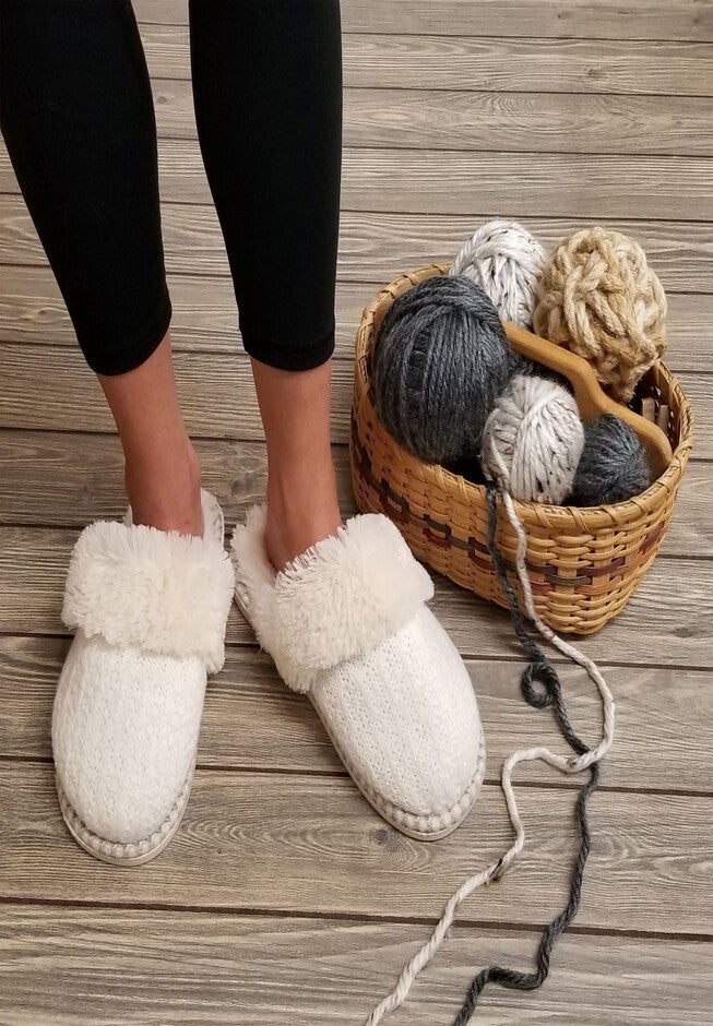 Textured Knit Scuff With Fur Lining Slippers, , alternate image number 1