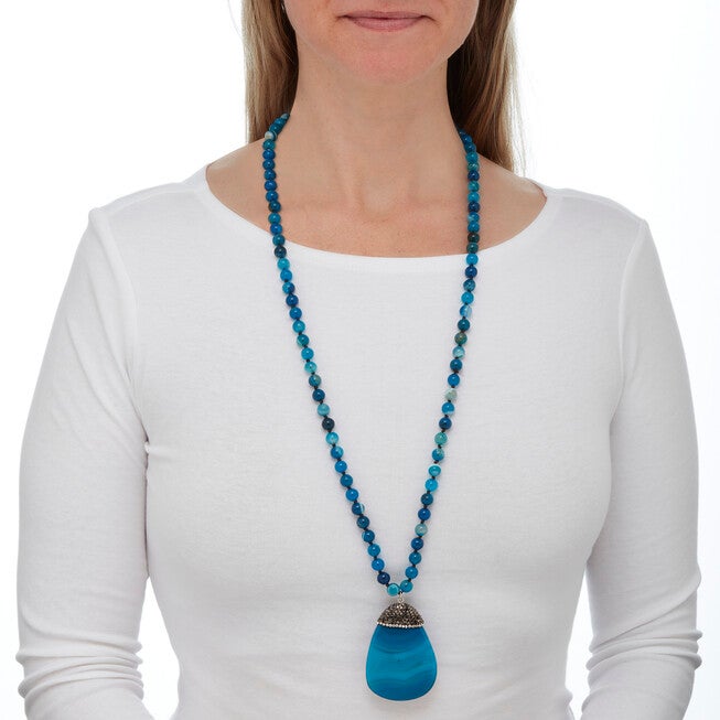 Round Genuine Blue Agate Crystal Accented Silvertone Drop Necklace 34 Inch, BLUE, alternate image number null