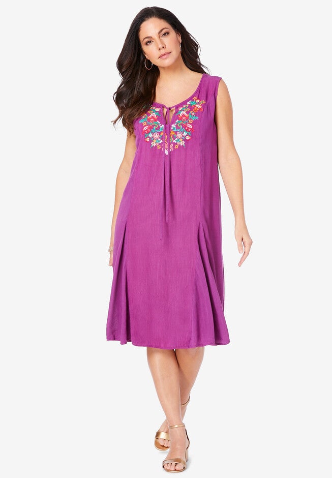 Embroidered Sleeveless Crinkle Dress, PURPLE MAGENTA FOLK EMBROIDERY, hi-res image number 0