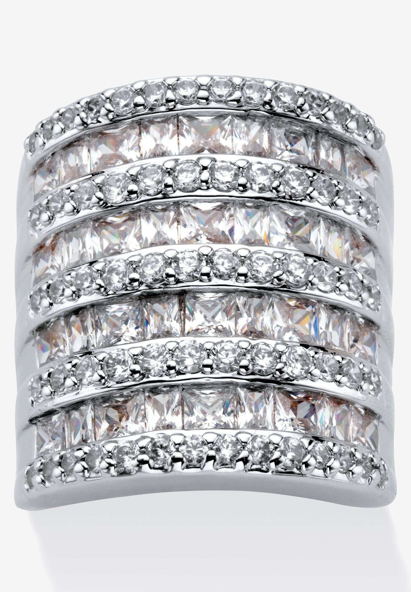 6.26 Tcw Baguette-Cut And Round Cubic Zirconia Silvertone Cocktail Ring, SILVER, hi-res image number 0