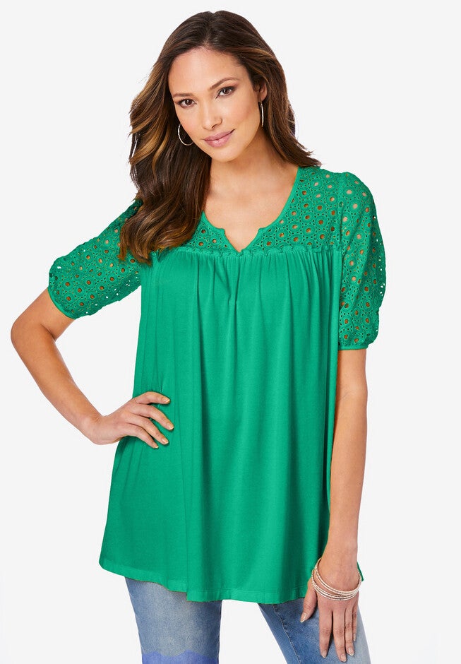 Lace Notch-Neck Tunic, TROPICAL EMERALD, hi-res image number null